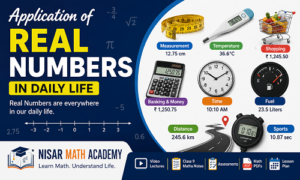 Application of real numbers in daily life illustrated with examples of measurement, temperature, banking, shopping, distance, time, and sports for Class 9 Maths Notes by Nisar Math Academy.