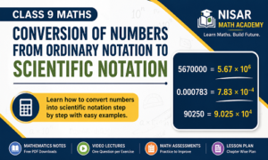 Conversion of numbers from ordinary notation to scientific notation with solved examples for Class 9 Maths by Nisar Math Academy.