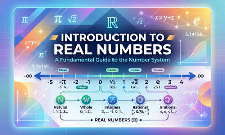 Illustration of real numbers showing rational and irrational numbers on a number line with mathematical symbols and examples for Class 9 students.