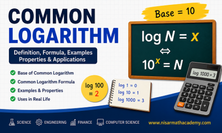 Common logarithm definition with base 10, common logarithm formula, examples, properties, and applications explained for mathematics students.