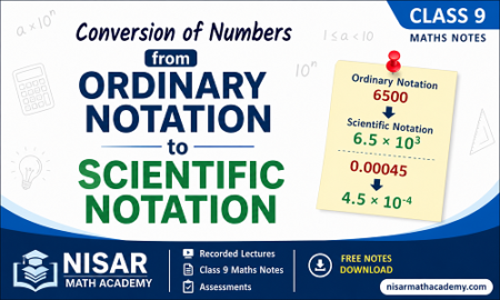 Conversion of numbers from ordinary notation to scientific notation with solved examples for Class 9 Maths Notes by Nisar Math Academy.