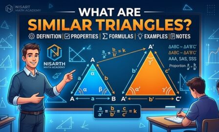 Educational diagram illustrating similar triangles with labeled angles, side proportions, and formulas for Nisar Math Academy.