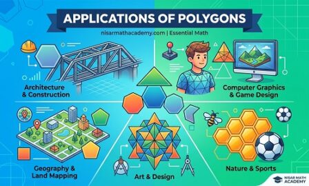 Educational graphic showcasing real-world applications of polygons in architecture, computer graphics, mapping, art, and nature by Nisar Math Academy
